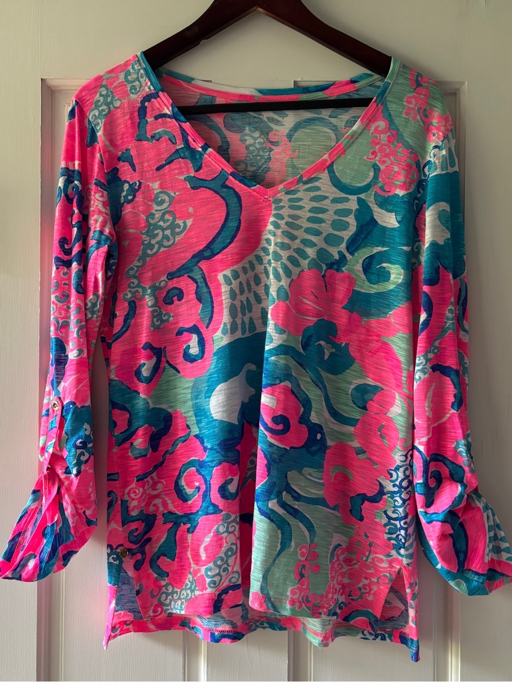 Lilly Pulitzer Pink, Teal & Blue Floral V-Neck Long Sleeve Top